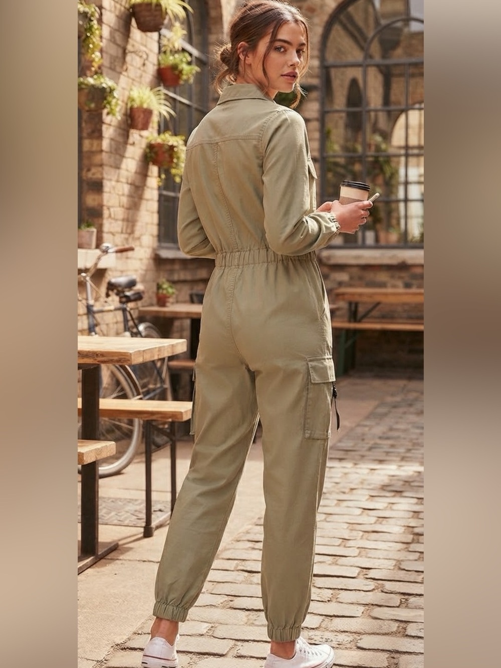 Almost Famous Sage Green Khaki Utility Jumpsuit M - Picture 2 of 11